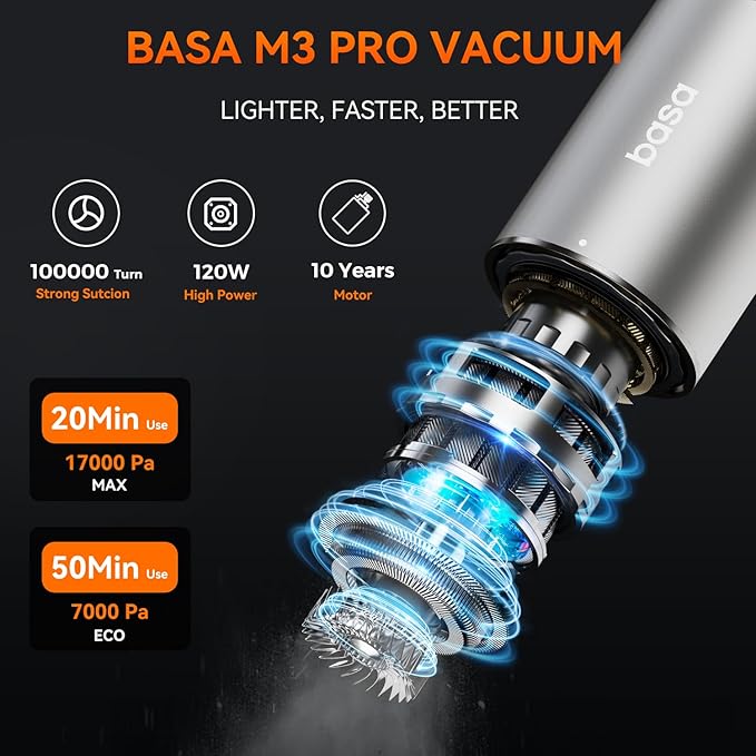 Pocket Car Vacuum with Accessory Kit 6pcs, Cordless, 50 Mins Runtime, 17000pa, 2.5H Type-C Fast Charge, Mini Handheld Vacuum for Home and Outdoor, M3