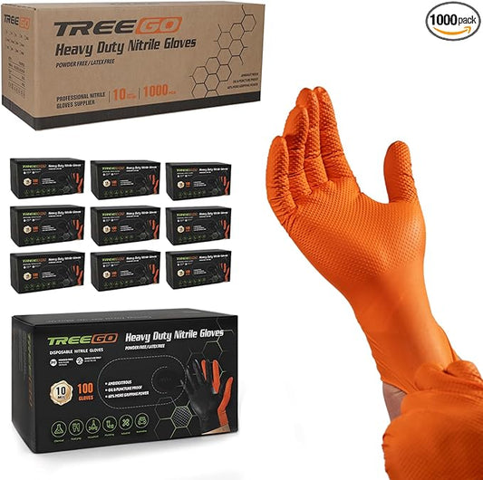 TREEGO Orange Nitrile Gloves 10 Mil Heavy Duty Disposable Latex Free Gloves – Diamond Grip Mechanic Gloves for Automotive Construction Work, Medium, 1000 Count Case
