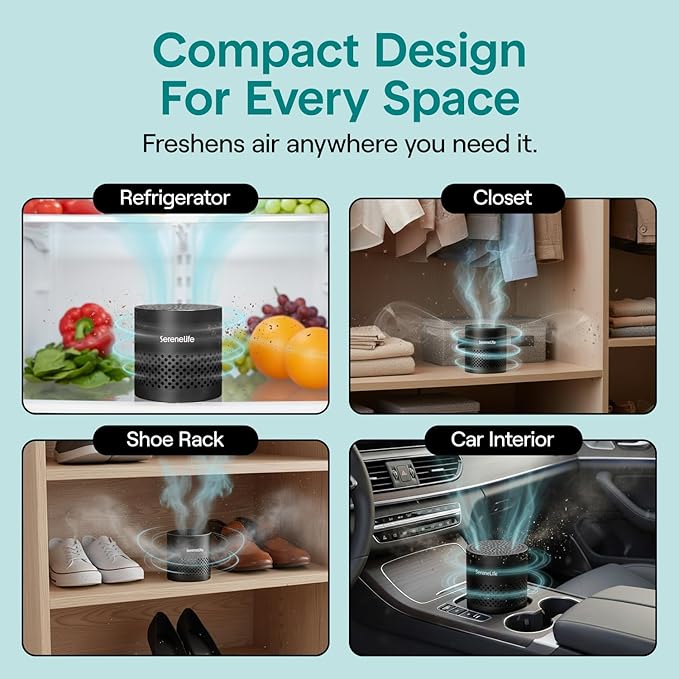 SereneLife Fridge Deodorizer & Odor Eliminator, Multi-Use Refrigerator Deodorizer Aluminum Pod for Freezer, Closet, Car, Shoes & Enclosed Spaces, Compact, Reusable & Lasts Up to 10 Years (Black)