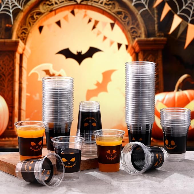 Bokon 100 Pcs Pumpkin Halloween 12 oz Plastic Cups Disposable Cocktail Glasses Happy Halloween Cute Disposable Cups for Coffee Juice Hot Cold Drinks Party Supplies(Black, Pumpkin)