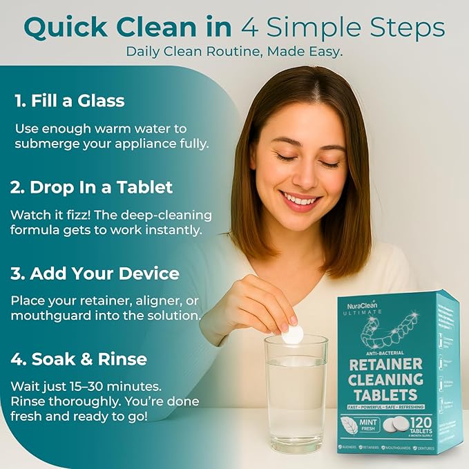 Ultimate Retainer Cleaner Tablets – 120 Count – Dental Pod, Braces, Mouthguard & Denture Cleaning – Fast-Acting, Daily Safe Formula – Freshens & Removes Stains