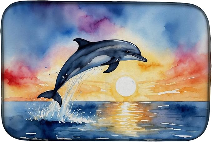 Caroline's Treasures Dolphin Leaping at Sunrise Dish Drying Mat Absorbent Dish Drying Mat Pad for Kitchen Counter Dish Drainer Mat for Countertop, 14 x 21", Multicolor