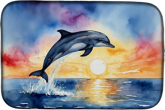 Caroline's Treasures Dolphin Leaping at Sunrise Dish Drying Mat Absorbent Dish Drying Mat Pad for Kitchen Counter Dish Drainer Mat for Countertop, 14 x 21", Multicolor