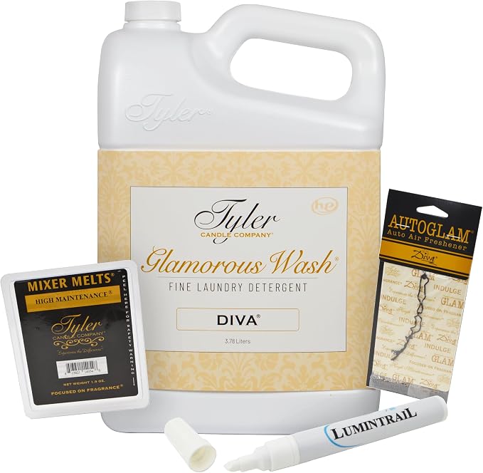 Tyler Candle Glamorous Wash Laundry Detergent, Diva Bundle with Tyler Candle Mixer Melts, Autoglam Freshener, and Degreaser Pen (1 Gallon)