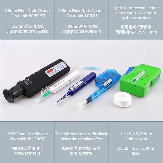 Fiber Optic Cleaning Kit with Inspection Microscope, Cleaning Box 1.25MM/2.5MM/MPO Cleaning Pens for SC/LC/FC Connections