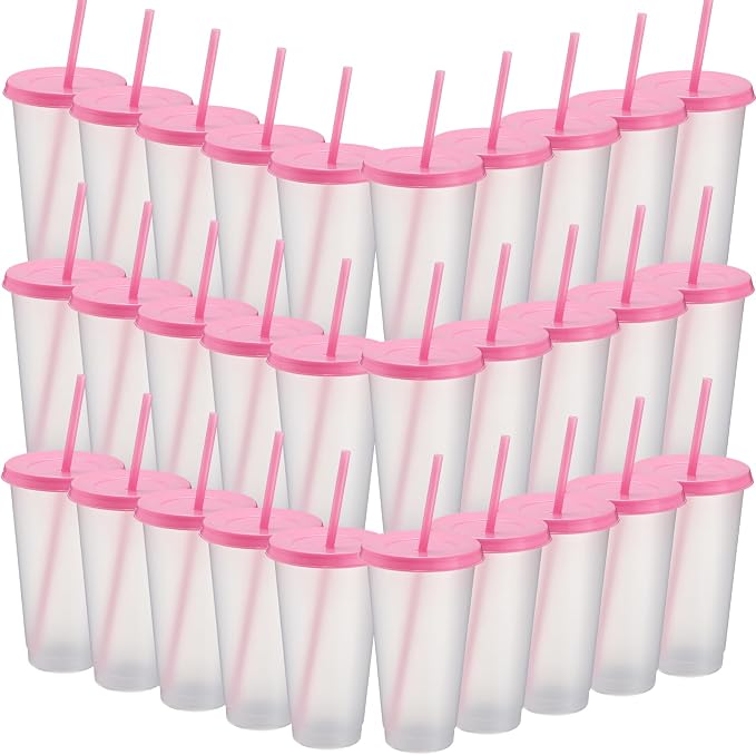 Honeydak 60 Pack Tumbler with Straw and Lid Bulk Cups for Gifts Water Bottle Iced Coffee Travel Mug Cup Reusable Plastic Tumblers for Party Birthdays 24-27 oz (Clear and Pink Color)
