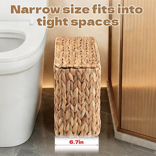 Wicker Trash Can with Lid and Liner, Bathroom Trash Can with Lid, Natural Water Hyacinth Wicker Waste Basket, Boho Rattan Garbage Wastebasket for Bedroom Living Room Office Kitchen