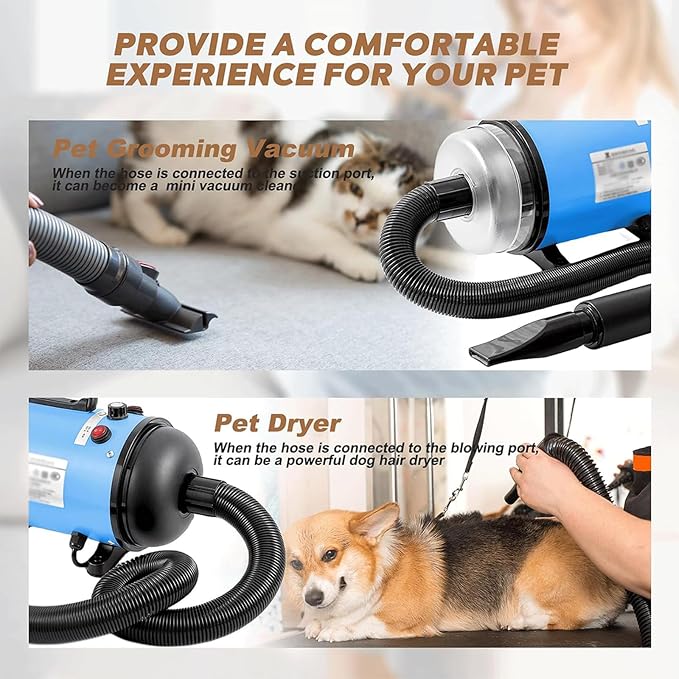 Upgraded 2-in-1 Pet Hair Dryer and Vacuum, High Velocity Dog Grooming Tool with Switchable Hose, Adjustable Temp & Speed, Low Noise, 4 Nozzles (Blue)