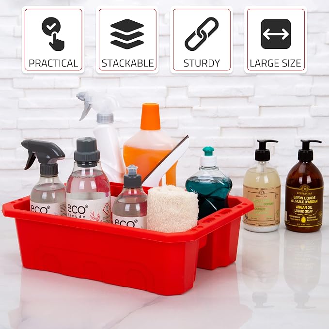 CANOPUS Storage Tray Tote with Functional Holes - 2 PCs Plastic Cleaning Caddy with Handle, Portable Caddy, Undersink Storage for Kitchen, Shoe Cleaning Box, Products Organizer, Red
