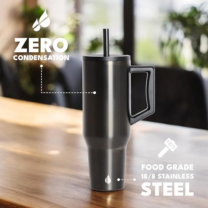 Elemental 40 oz Tumbler with Handle and Straw - Spill Proof Insulated Stainless Steel Commuter for Cold Beverages - Travel Coffee Mug with 2 Straws & Spill Proof Lid - 40oz- Gunmetal