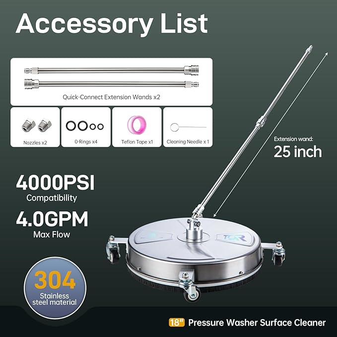 TOR 18" Pressure Washer Surface Cleaner with 4 Wheels, Surface Cleaner for Pressure Washer, 2 Extension Wands, 2 Replacement Nozzles, Power Washer Surface Cleaner for Concrete, Driveway