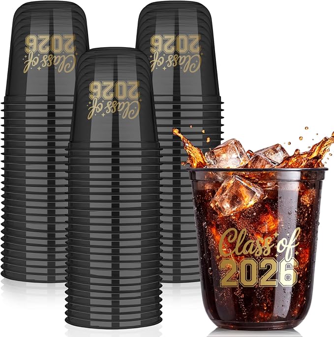 Potchen 50pcs Graduation Cups Class of 2026 12oz Clear Plastic Graduation Party Cups for 2026 Celebration Party Supplies Congrats Grad Tableware Decoration(Black Yellow)