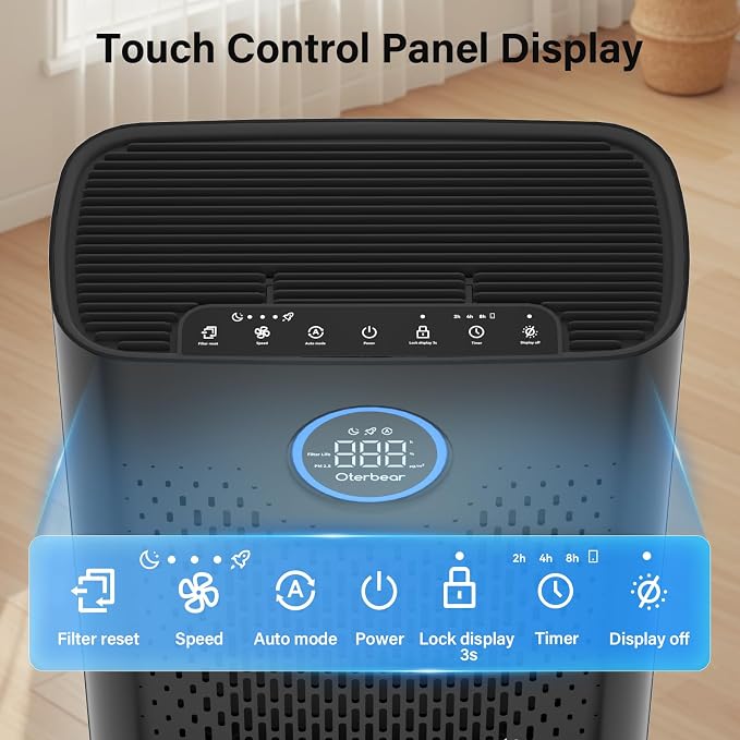 Air Purifiers for Home Pets Up to 3000Ft², HEPA Large Room Air Purifier with PM2.5 Air Quality Monitor, Sleep Mode, Air Purifiers for Bedroom Office for Allergies, Smoke, Dust, Pollen,8000B,Black