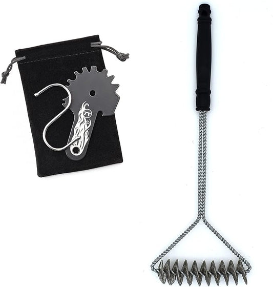 Outset Grill Cleaning Tool Set, Coil BBQ Brush and Grill Grate Scraper,Black