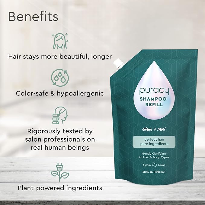 Puracy Natural Shampoo Refill, 48 Fl Oz, Hair Stays Cleaner Longer with LexFeel N5, Color-Safe Sulfate-Free