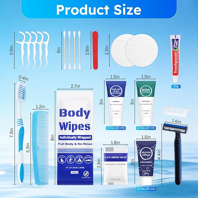 Travel Hygiene Kit Personal Toiletries Bulk, Disposable Homeless Care Package Supplies, Men Toiletry Set Cleaning Essentials Individually Wrapped for Camping, Travel, Relief, Charity (11-in-1, 50)