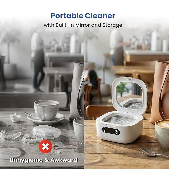 Portable Ultrasonic Retainer Cleaner with UV - Cordless Rechargeable Cleaner Machine for Invisalign, Aligners, Night Guards, Dentures | Travel-Ready with Built-in Mirror