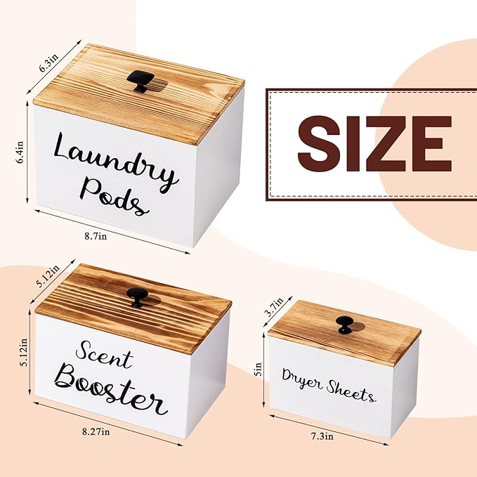 Dandat 3 Pcs Wood Laundry Pods Container Dryer Sheet Holder Dryer Sheets Holder Scent Booster Container Set with Scoop Rustic Laundry Room Beads Dispenser for Storage(White)