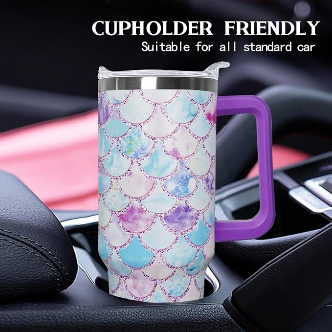 Ceovfoi 40 Oz Mermaid Double Wall Vacuum Stainless Steel Tumbler with Handle Lid and Straw,Watercolor Ocean Cup,Water Bottle,Travel Coffee Mug,Hawaiian Mermaid Decor,Accessories