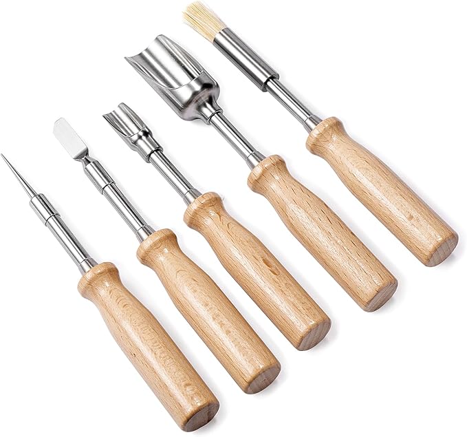 5Pcs tool kit including metal poker,scraper,mini scoop,large scoop,brush,crafted from SS304 with detachable wooden handles storage bag for versatile use sugar salt powder spices and cleaning
