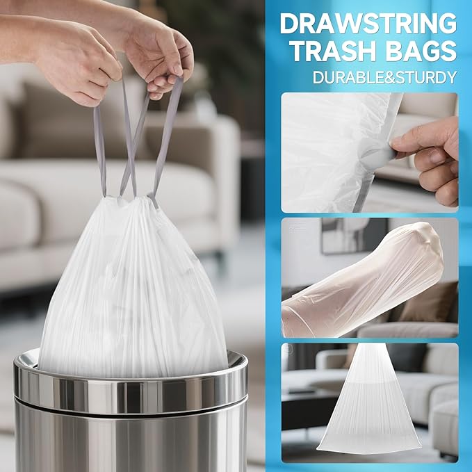 180 Counts Drawstring Small Trash Bags 2-4 Gallon, 4 Gallon Mini Trash Bag Extra Strong, Small Garbage Bags Unscented, Stretchy, Quick Cinch for Bathroom Bedroom Office,White