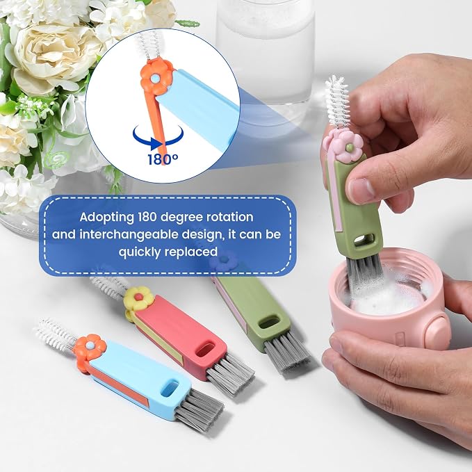 12PC 3 in 1 Cup Lid Cleaning Brush, 180° Rotatable Bottle Brush Gap Cleaner, Multifunctional Crevice Cleaning Brush Set for Baby Bottle, Water Bottle, Tumbler & Kitchen Mugs, 12 Pack Hangable