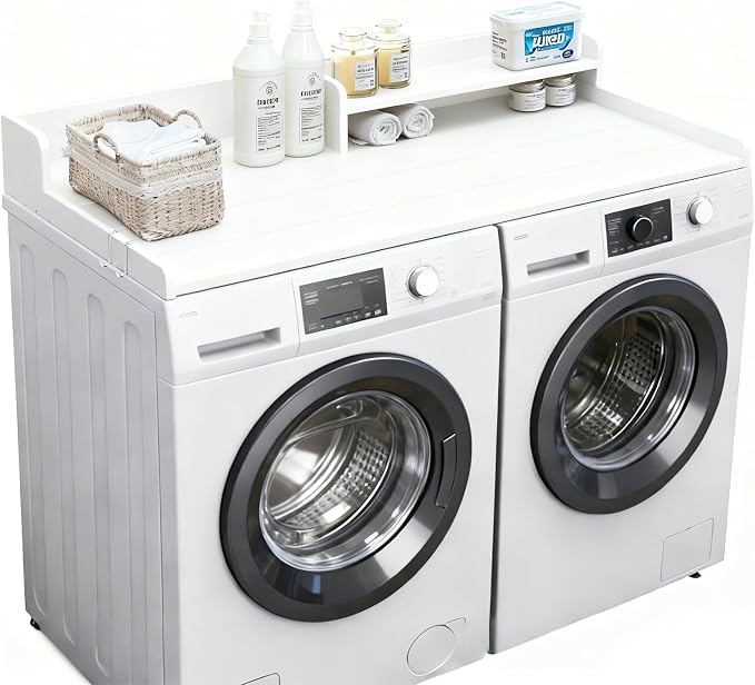 Washer Dryer Countertop, HDPE Laundry Countertop with Storage Shelf and Edge Rails-White