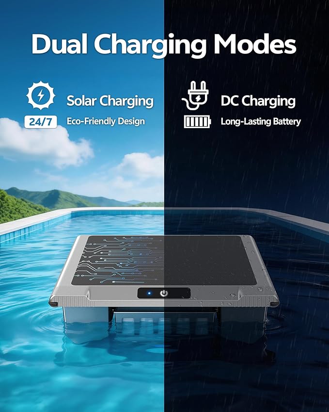 T1B Solar Powered Pool Skimmer Robot, Automatic Robotic Pool Surface Skimmer Cleaner with 24/7 Cleaning, Dual Charging Modes, Auto-Dock, Inground & Above-Ground Pools