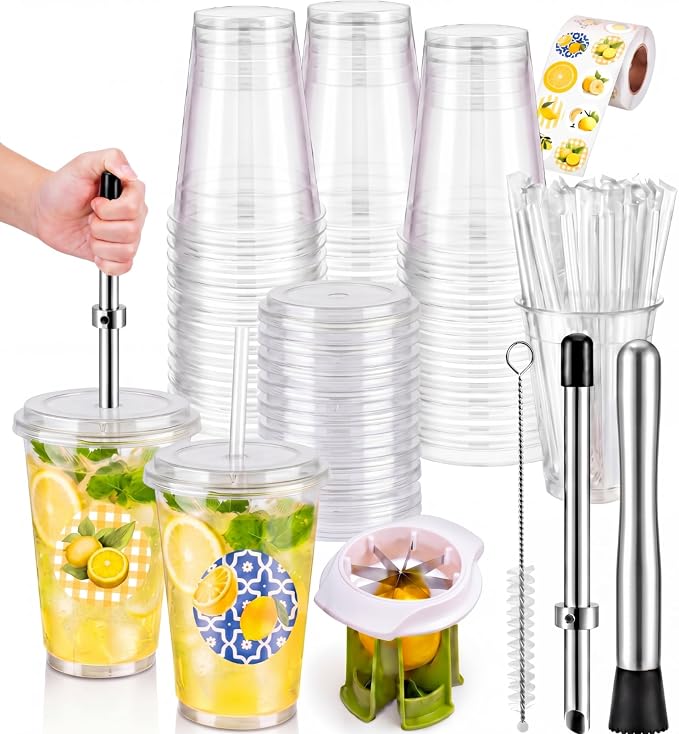 Yungyan 25 Sets Lemonade Cups with Lids Straws 32 oz Clear Plastic Cups Include Lemon Slicer, Muddler, Straw Puncher, Stickers and Straw Brush Summer Lemonade Stand Supplies Kits for Lemon Bar