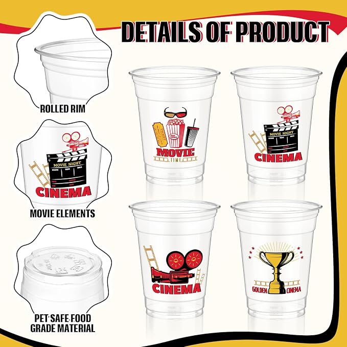 Pickmesh 50 Pcs Movie Night Theme Party Decorations Movie Night Plastic Cups Party Supplies 12 oz Thick Clear Disposable Drinkware Cups Retro Music Supplies