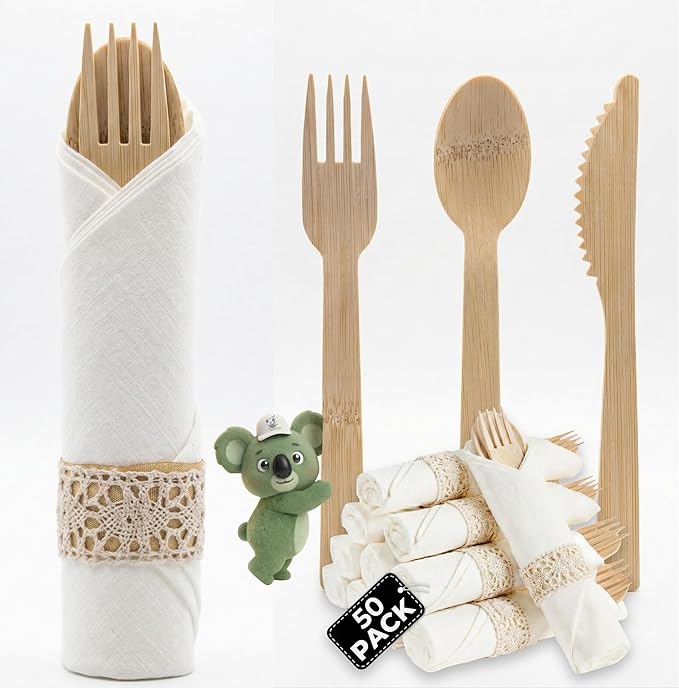 Pre Rolled Napkin and Bamboo Cutlery Set - 50 Pack Bamboo Utensils Wooden Cutlery 50 Forks 50 Knives 50 Spoons 50 Napkins, Pre Wrapped Disposable Silverware Cutlery for Party, Wedding, Events