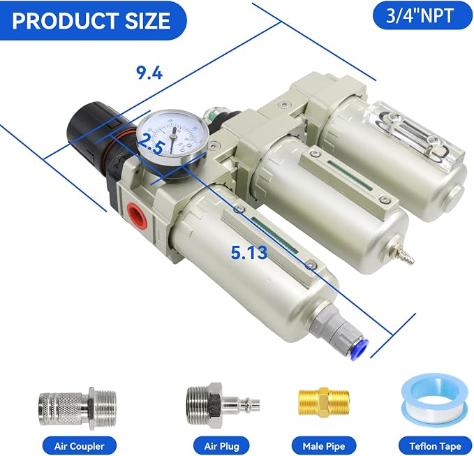 3/4" Air Compressor Water Separator for Plasma Cutter Auto Drain | 3 Stage NPT Industrial Grade System Filter Oil Water Separator Dryer Air Drying System for Paint Spray