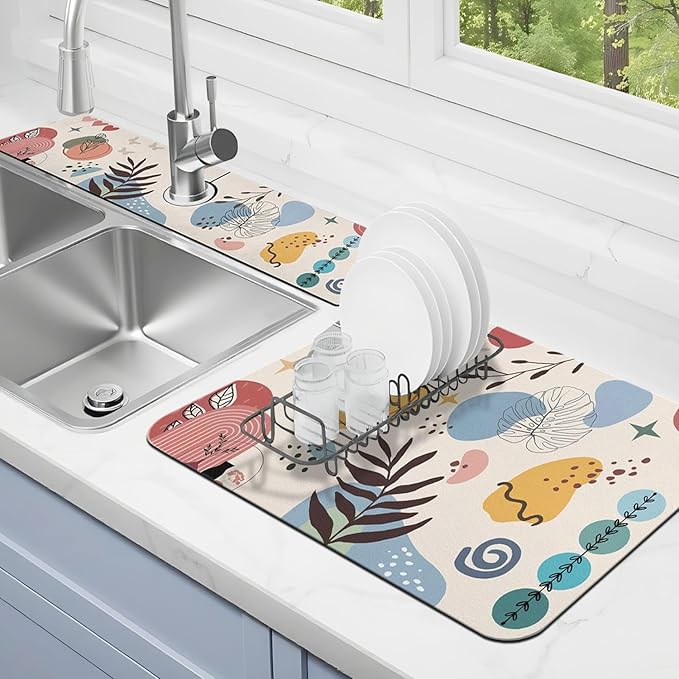 Dish Drying Mat for Kitchen Counter Matt, 2PCS 31.5"x17" Dish Drainer Mat & 24"x5.5" Sink Splash Guard, Super Absorbent Non-slip Rubber Backed
