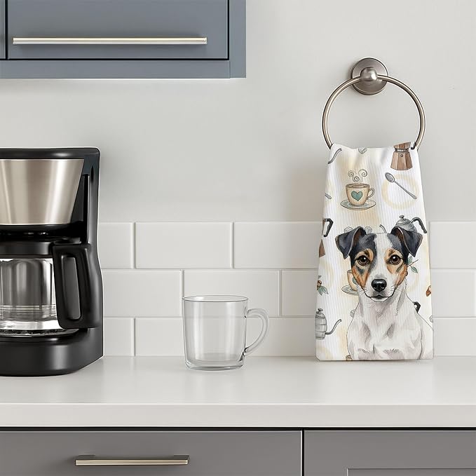 Caroline's Treasures White and Black Jack Russell Terrier Coffee Bar Kitchen Towel Velour Plush Front and Cotton Loop Back Machine Washable