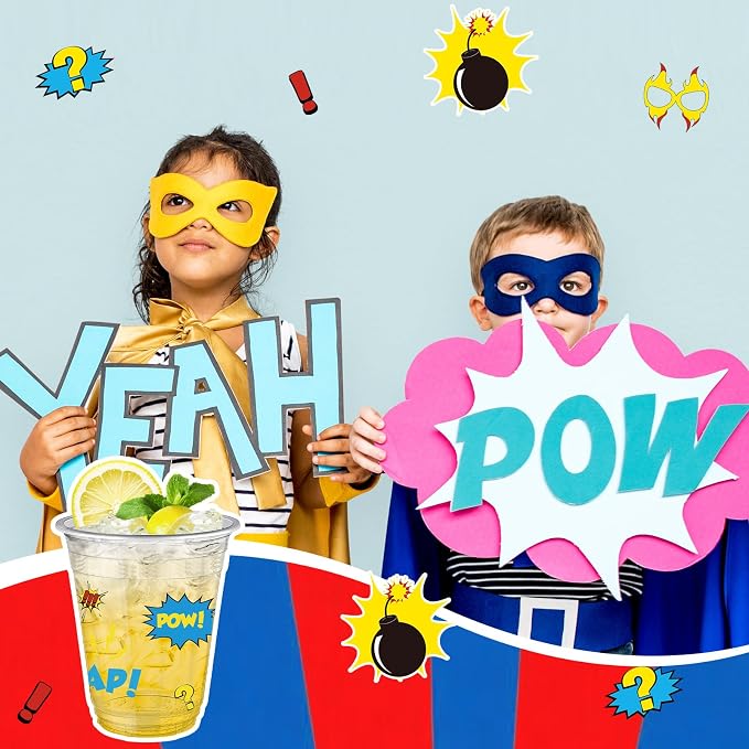 Uiifan 50 Pcs Hero Party Cups Supplies Bulk Comic Hero's Action Birthday Party Decoration 12 oz Cityscape Buildings Disposable Clear Plastic Cups for Hot Cold Drinking Birthday Favor