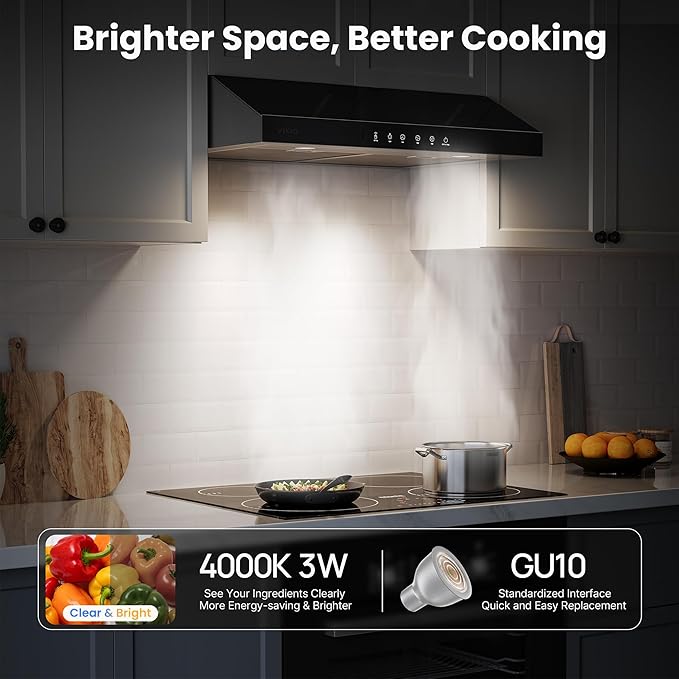 VIKIO HOME 30 Inch Under Cabinet Range Hood 900 CFM, Dual Motor Powerful Kitchen Vent Hood, Gesture & Touch Control, Ultra Quiet DC Motor, Dishwasher-Safe Filters, LED Lights, Glass Black