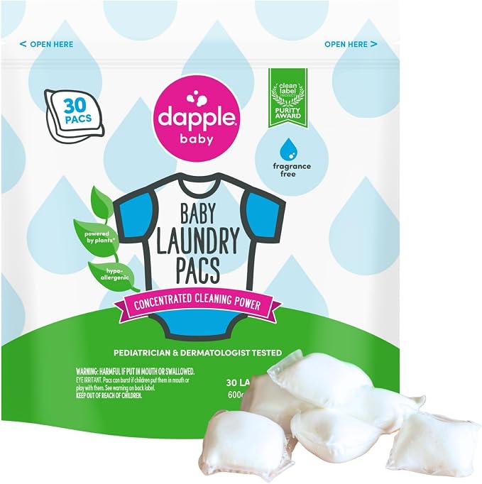 Dapple Baby Laundry Detergent Pacs - 30 Count - Fragrance-free Laundry Pods for Sensitive Skin - Plant-Powered Stain Remover - Newborn Essentials