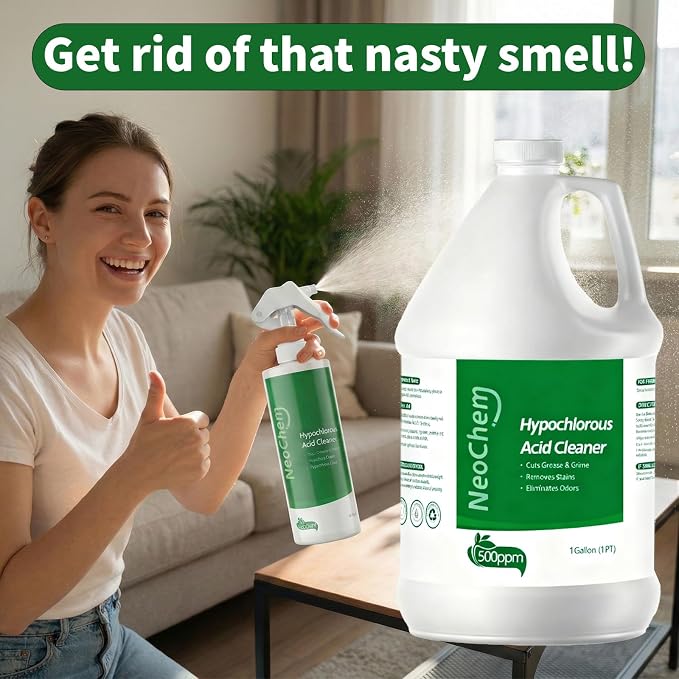 Hypochlorous Acid 500ppm Cleaner – Cuts Grease, Removes Stains, Eliminates Odors – No Rinse, No Harsh Fumes, Biodegradable – Multi-Surface Household Cleaner, Pet & Family Safe (1Gallon)