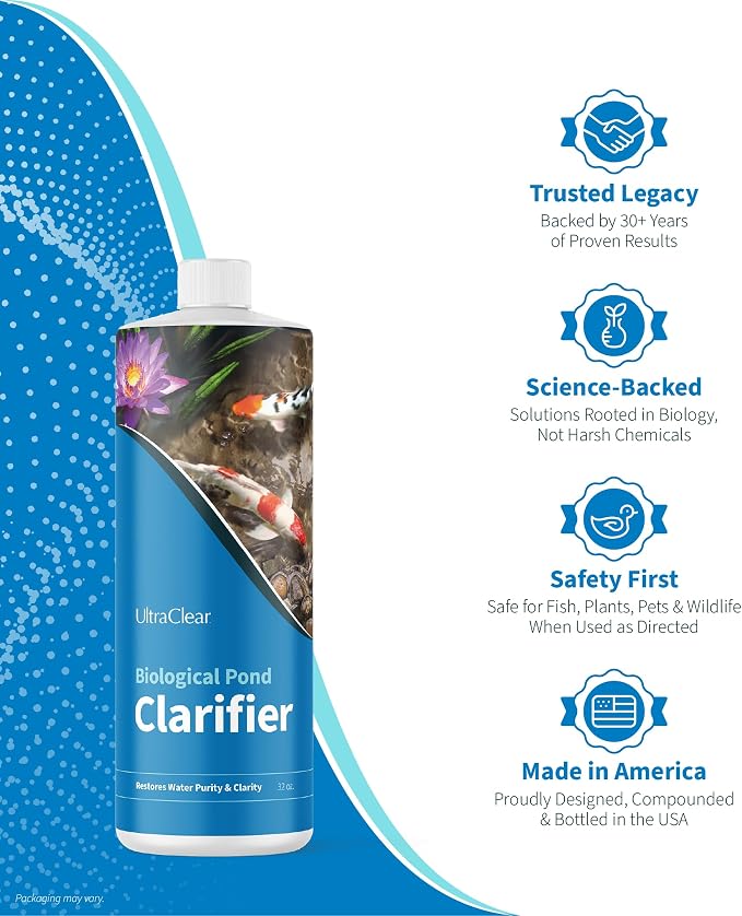 Pond Clarifier for Outdoor Ponds - Concentrated Live Beneficial Bacteria - Treats up to 80,000 Gallons - Clears Cloudy Pond Water - Safe for Fish, Plants, Pets and People