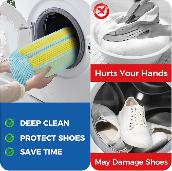 Shoe Washing Machine Bag 2 Pack, Laundry Shoe Bags with Insole Pocket, Reusable Shoe Cleaning Bags for Washer and Dryer, Protective 360° Deep Clean for Sneakers Tennis All Shoes Types（Yellow）