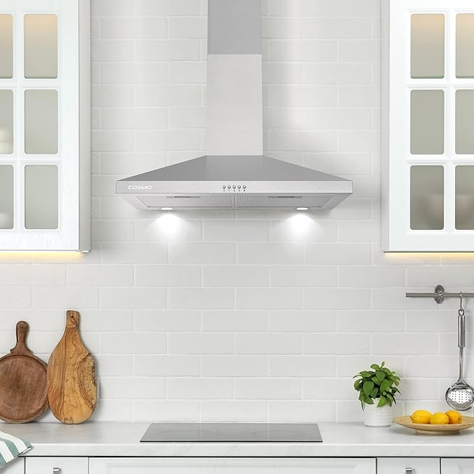 COSMO COS-63024P 30 in. Nebula Collection 250 CFM Ducted Wall Mount Range Hood, Button Control, LED Lights, Mesh Filters, Stainless Steel