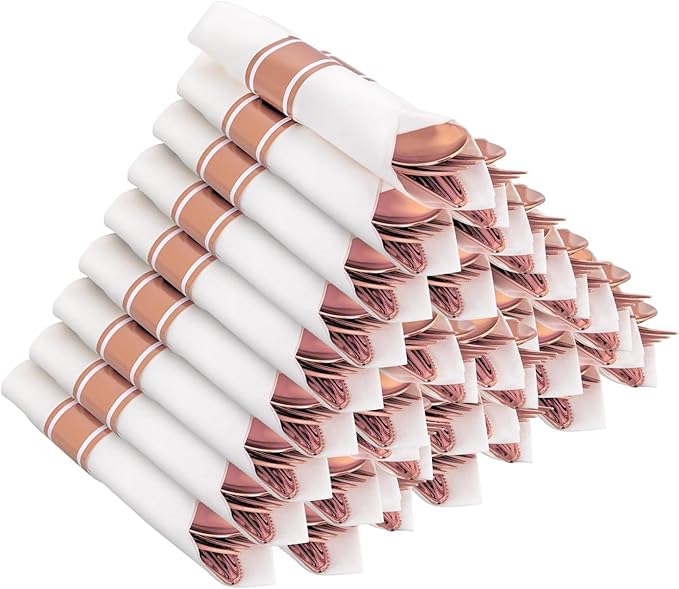 50Guests Pre Rolled Rose Gold Plastic Silverware Sets - Heavy Duty Rose Gold Cutlery - Include 50 Pack Wrapped Disposable Utensils with Napkins for Parties, Dinners & Weddings