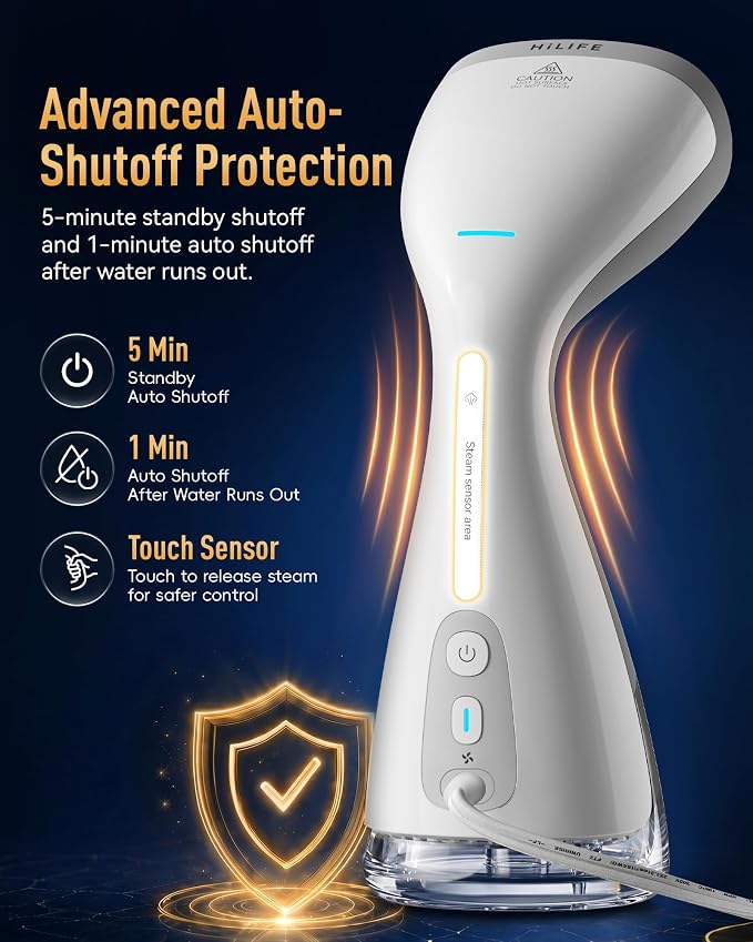 HiLIFE Vacuum Clothes Steamer, Handheld Garment Steamer with Suction, White | 3600Pa Fabric Grip, 1875W Power, 300ml Tank, Touch Steam Control, 25s Heat-Up, 9.18ft Cord,120V Only