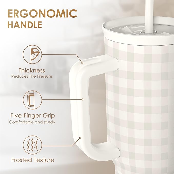 SANDJEST Grey Gingham 40oz Slider Tumbler with Handle and Straw - Insulated Stainless Steel Travel Coffee Mug for Women Girls, Gift for Birthday, Christmas