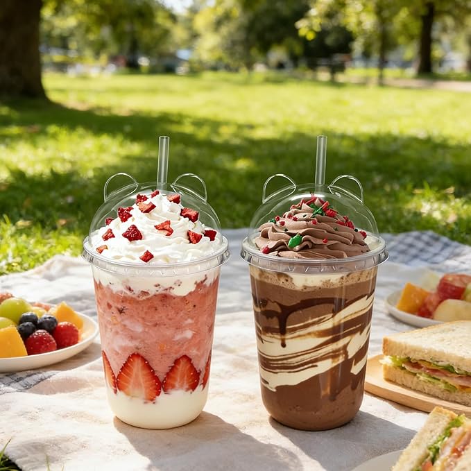 Qsqwsuye 16oz 50 Set Disposable Plastic Cups with Dome Lids and Straws, Clear Iced Coffee Cups with lids, Round Bottom Plastic Cup for Milkshakes Juice Beverages Holiday Party Outdoor Picnic Supplies