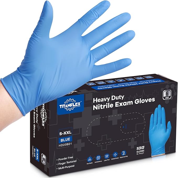 TitanFlex Disposable Heavy Duty Industrial Nitrile Gloves, Latex Free, Food Safe, Powder Free, Mechanic Gloves, 100-ct Box (Large)