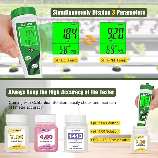 pH Meter for Water Hydroponic with Calibration Solution, 4 in 1 pH Meter with pH 4.0 7.0 & EC 1413μS/cm Calibration and Probe Cleaning Solution for Water, Pool, Aquarium, Fish Tank