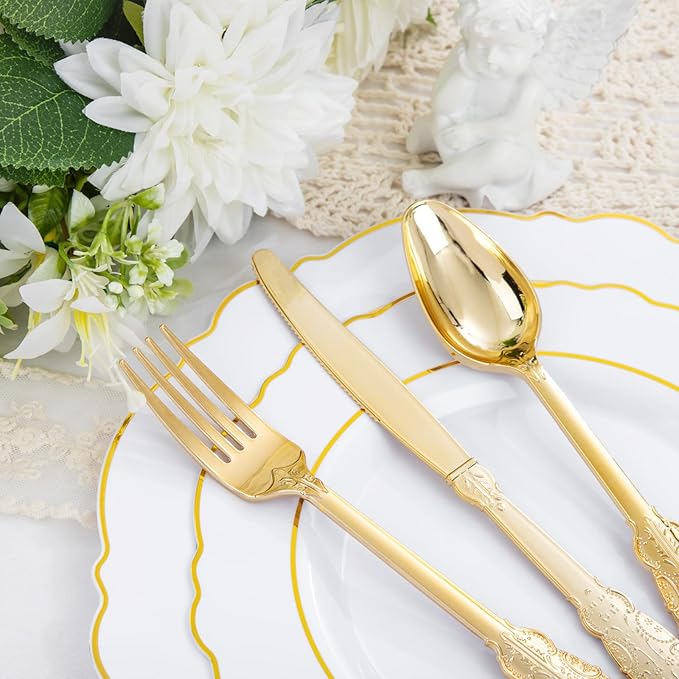 Liacere 350PCS Gold Plastic Plates-Disposable White and Gold Plates 50guest Baroque Plastic Dinnerware include 100Plates, 50Pack Pre Rolled Napkins with Silverware 50Cups for Wedding & Party