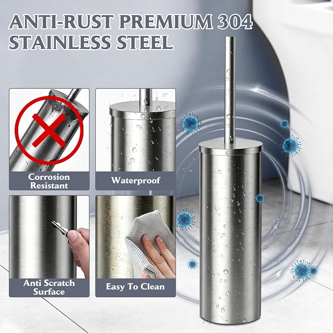 Toilet Brush and Holder Set,Stainless Steel Toilet Bowl Brush and Holder for Bathroom,Hidden Toilet Bowl Brush with 2 Heads,Heavy Duty Cleaner Brush with Removable Inner Bowl and Splash Protection
