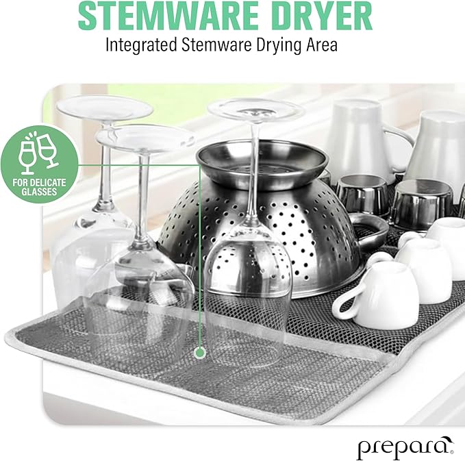 Prepara Drydock Deluxe Kitchen Towel & Drying Mat, 2-Pack - High-Performance Dish Mat with Built-in Stemware Dryer, Honeycomb Design for Maximum Airflow (14" x 21"), Machine Washable